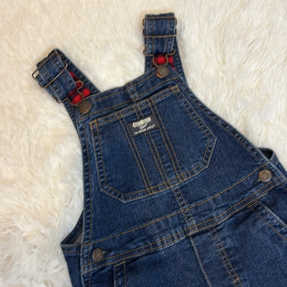 OshKosh B'gosh Toddler Denim Overall Red Plaid Lined at hem 5T
